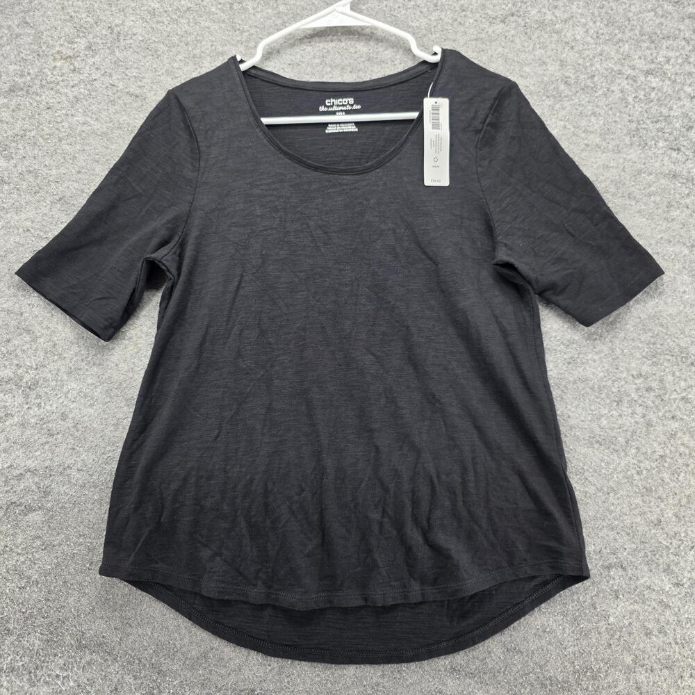 Chico's T-Shirt Womens 0 Black Scoop Neck 3/4 Sleeve Basic Relaxed Fit